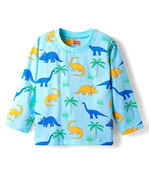 Babyhug Cotton Knit Full Sleeves Shorts Night Suits With Dino & Text Print - Blue & Green