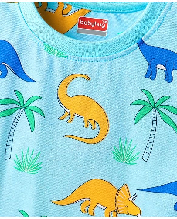 Babyhug Cotton Knit Full Sleeves Shorts Night Suits With Dino & Text Print - Blue & Green