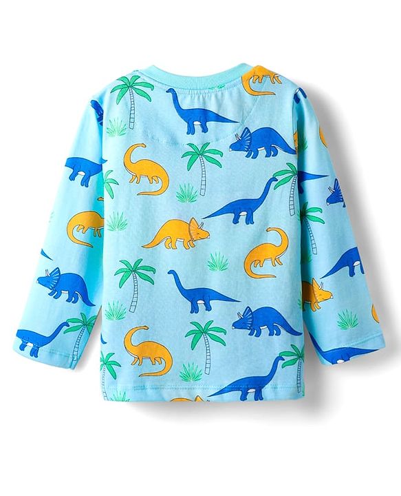 Babyhug Cotton Knit Full Sleeves Shorts Night Suits With Dino & Text Print - Blue & Green
