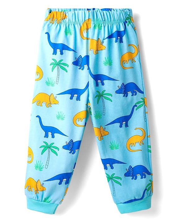 Babyhug Cotton Knit Full Sleeves Shorts Night Suits With Dino & Text Print - Blue & Green