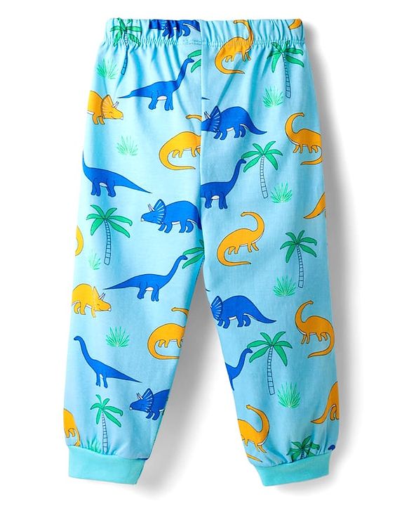 Babyhug Cotton Knit Full Sleeves Shorts Night Suits With Dino & Text Print - Blue & Green