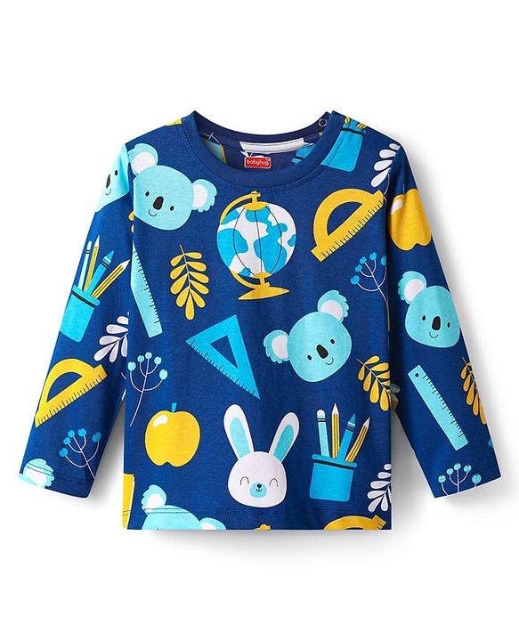 Babyhug Cotton Knit Striped Half & Full Night Sleeves Night Suits with Animal Print - Navy Blue & Orange