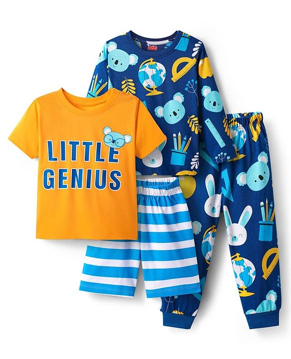 Babyhug Cotton Knit Striped Half & Full Night Sleeves Night Suits with Animal Print - Navy Blue & Orange
