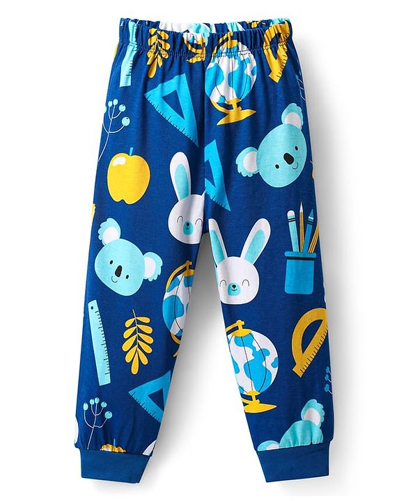 Babyhug Cotton Knit Striped Half & Full Night Sleeves Night Suits with Animal Print - Navy Blue & Orange
