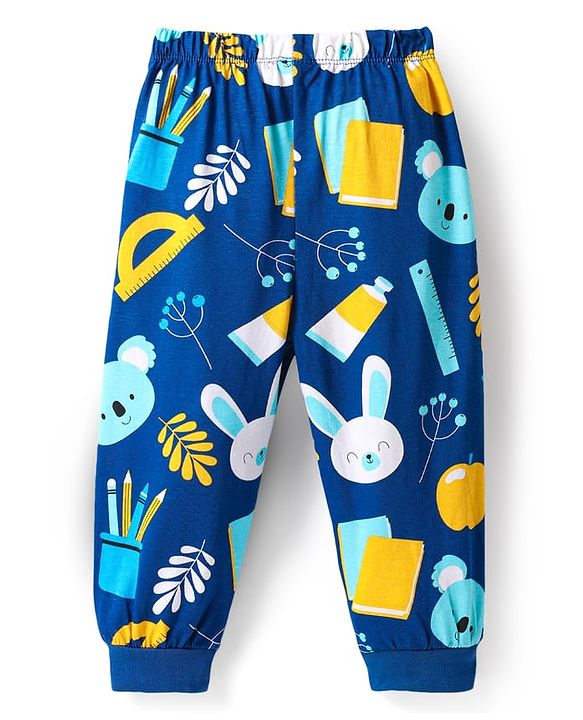 Babyhug Cotton Knit Striped Half & Full Night Sleeves Night Suits with Animal Print - Navy Blue & Orange