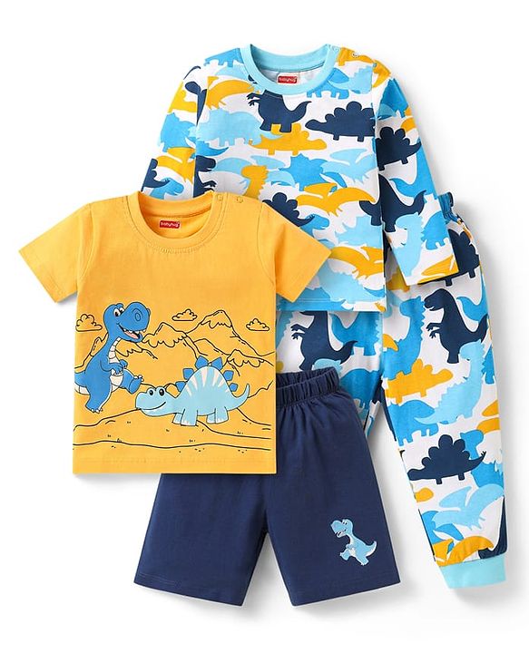 Babyhug Cotton Knit Full & Half Sleeves Night Suits With Dino Print - Yellow Navy & Light Blue