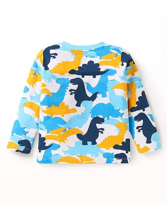 Babyhug Cotton Knit Full & Half Sleeves Night Suits With Dino Print - Yellow Navy & Light Blue