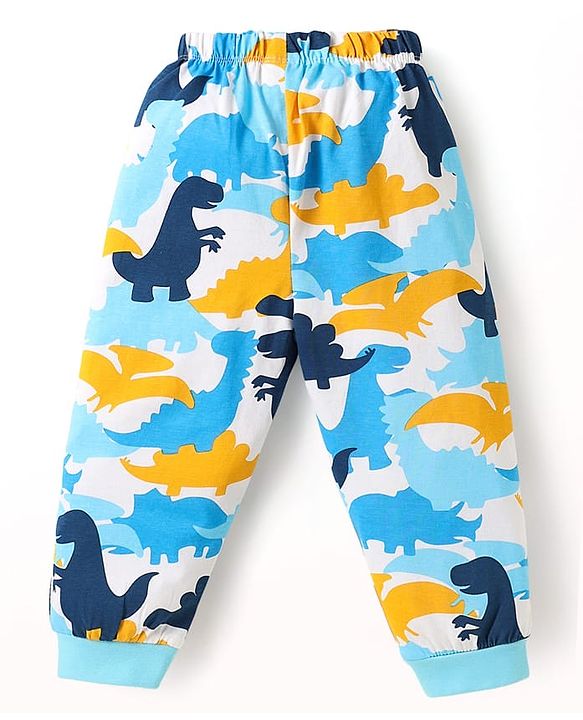Babyhug Cotton Knit Full & Half Sleeves Night Suits With Dino Print - Yellow Navy & Light Blue