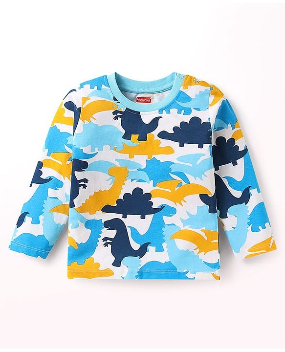 Babyhug Cotton Knit Full & Half Sleeves Night Suits With Dino Print - Yellow Navy & Light Blue