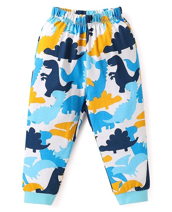 Babyhug Cotton Knit Full & Half Sleeves Night Suits With Dino Print - Yellow Navy & Light Blue