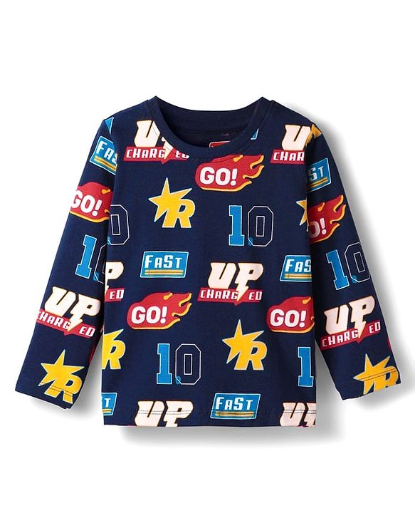 Babyhug Cotton Knit Full & Half Sleeves Night Suit With Stripes & Sport Theme Print Set Of 2 - Navy Blue & Red