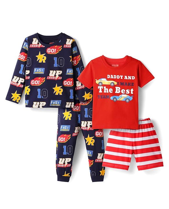 Babyhug Cotton Knit Full & Half Sleeves Night Suit With Stripes & Sport Theme Print Set Of 2 - Navy Blue & Red