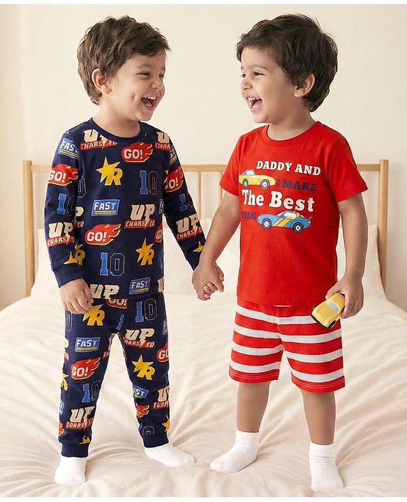 Babyhug Cotton Knit Full & Half Sleeves Night Suit With Stripes & Sport Theme Print Set Of 2 - Navy Blue & Red