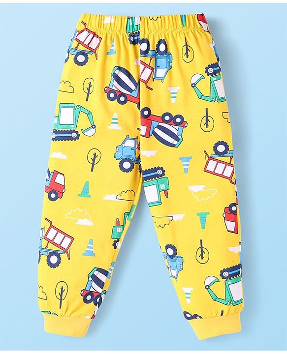 Babyhug Cotton Knit Half & Full Sleeves Night Suits with Vehicle Print & Stripes - Yellow White & Red