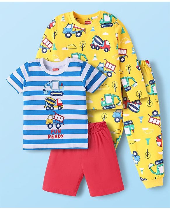 Babyhug Cotton Knit Half & Full Sleeves Night Suits with Vehicle Print & Stripes - Yellow White & Red