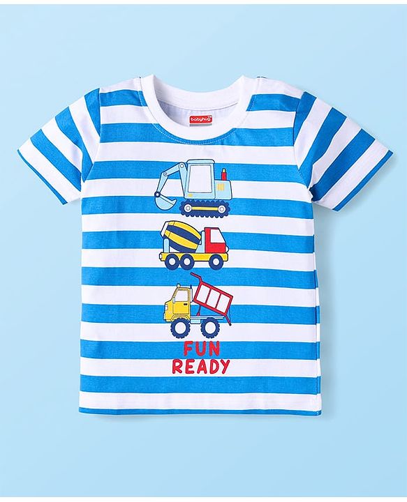 Babyhug Cotton Knit Half & Full Sleeves Night Suits with Vehicle Print & Stripes - Yellow White & Red