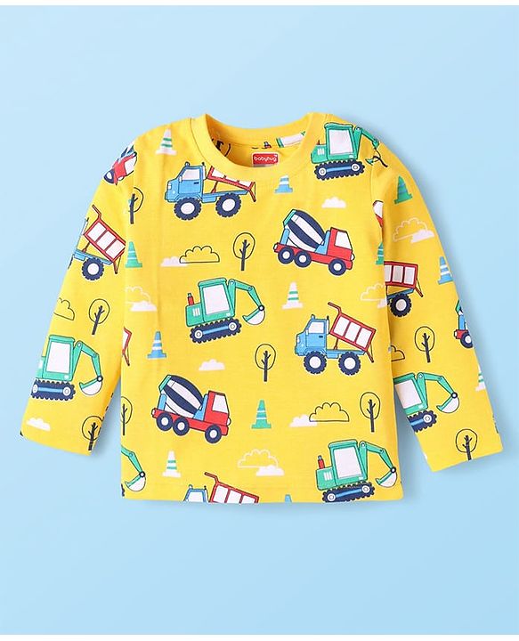 Babyhug Cotton Knit Half & Full Sleeves Night Suits with Vehicle Print & Stripes - Yellow White & Red