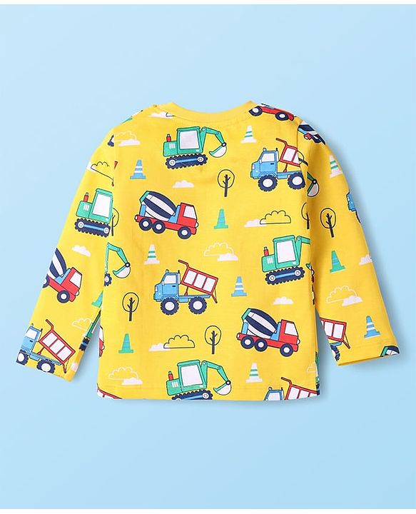 Babyhug Cotton Knit Half & Full Sleeves Night Suits with Vehicle Print & Stripes - Yellow White & Red