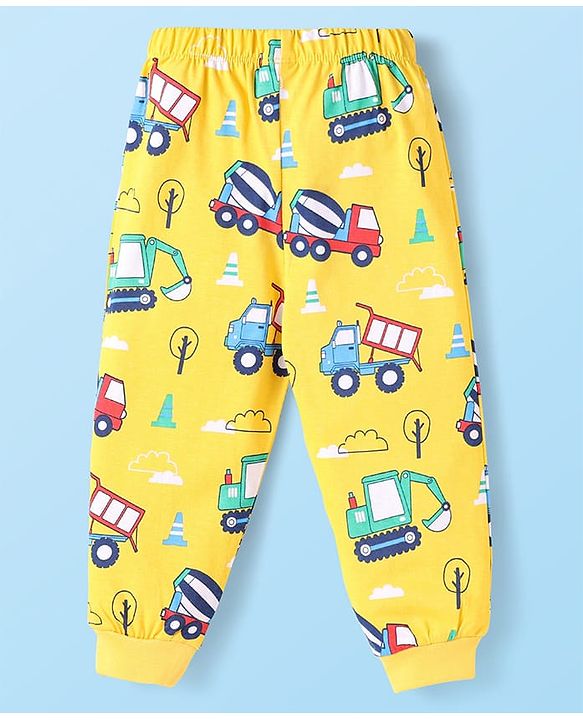 Babyhug Cotton Knit Half & Full Sleeves Night Suits with Vehicle Print & Stripes - Yellow White & Red