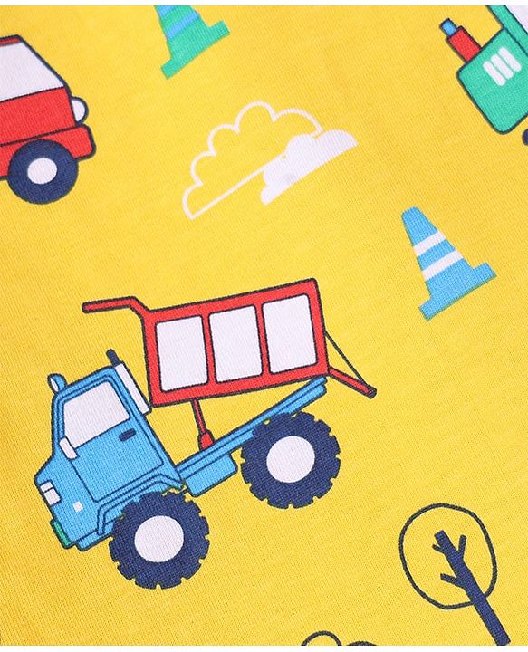 Babyhug Cotton Knit Half & Full Sleeves Night Suits with Vehicle Print & Stripes - Yellow White & Red