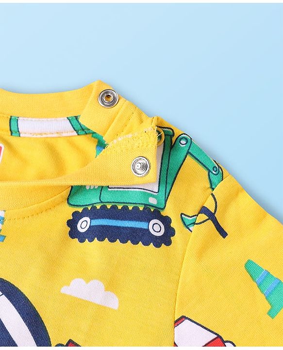 Babyhug Cotton Knit Half & Full Sleeves Night Suits with Vehicle Print & Stripes - Yellow White & Red