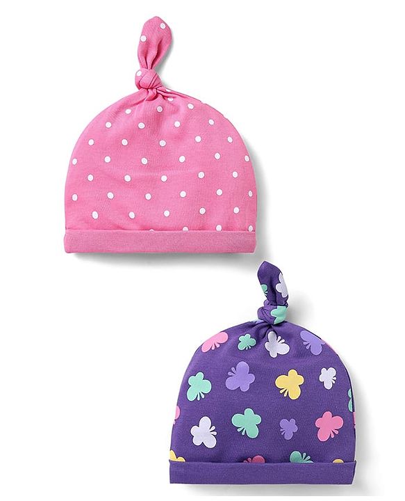 Babyhug 100% Cotton Knit Caps with Polka Dots & Butterfly Print Pack of 2 - Pink & Lilac