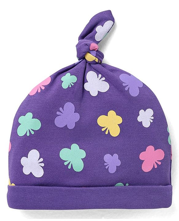 Babyhug 100% Cotton Knit Caps with Polka Dots & Butterfly Print Pack of 2 - Pink & Lilac