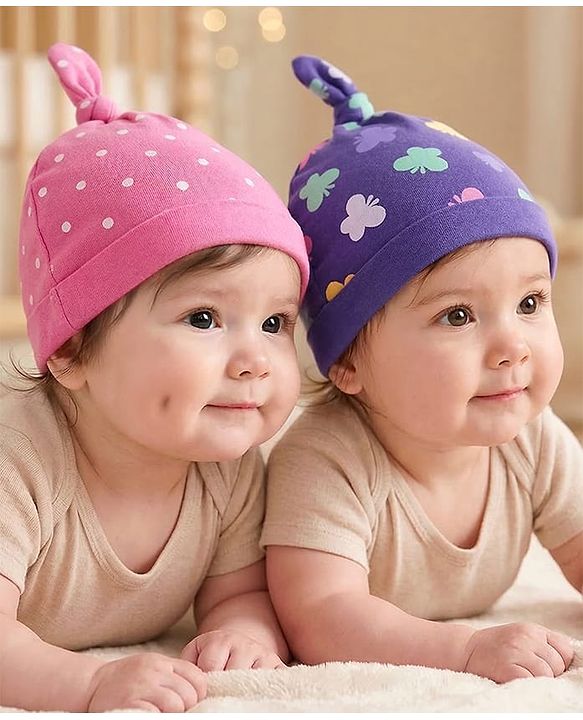 Babyhug 100% Cotton Knit Caps with Polka Dots & Butterfly Print Pack of 2 - Pink & Lilac