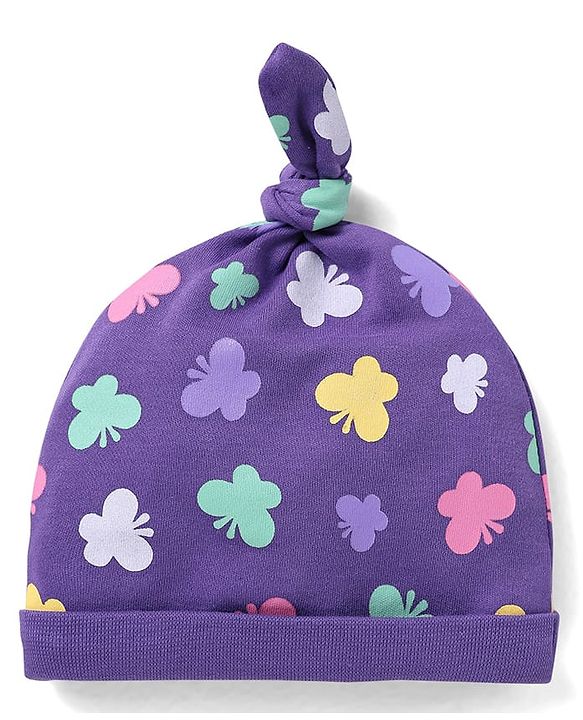 Babyhug 100% Cotton Knit Caps with Polka Dots & Butterfly Print Pack of 2 - Pink & Lilac