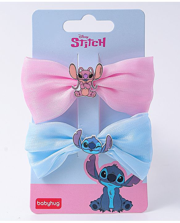 Babyhug Disney Bow Shaped Hair Pins & Clips with Stitch Applique Pack of 2 - Blue & Pink