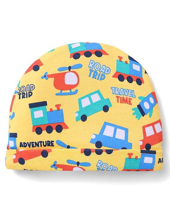 Babyhug 100% Cotton Interlock Knit Caps With Striped & Road Trip Print Pack Of 2 Yellow & Red - Diameter 16 cm