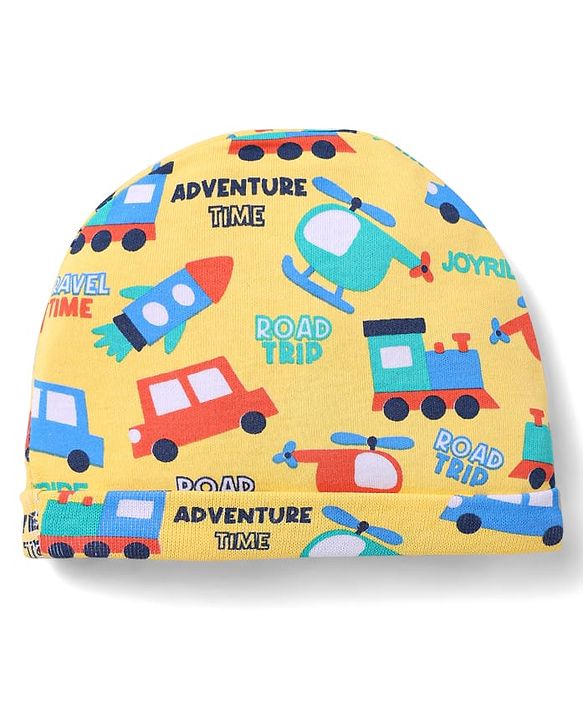 Babyhug 100% Cotton Interlock Knit Caps With Striped & Road Trip Print Pack Of 2 Yellow & Red - Diameter 16 cm