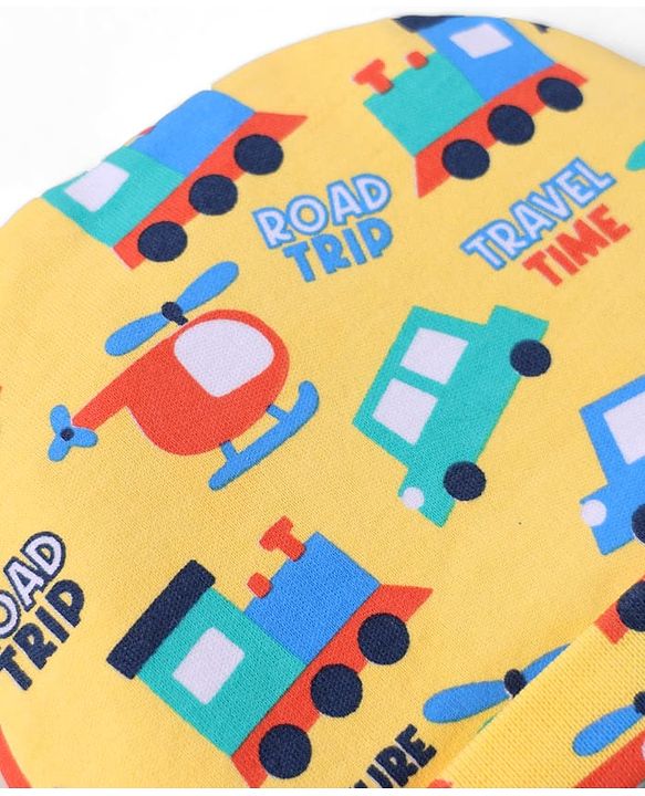 Babyhug 100% Cotton Interlock Knit Caps With Striped & Road Trip Print Pack Of 2 Yellow & Red - Diameter 16 cm