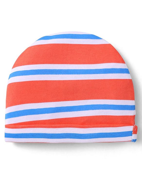 Babyhug 100% Cotton Interlock Knit Caps With Striped & Road Trip Print Pack Of 2 Yellow & Red - Diameter 16 cm
