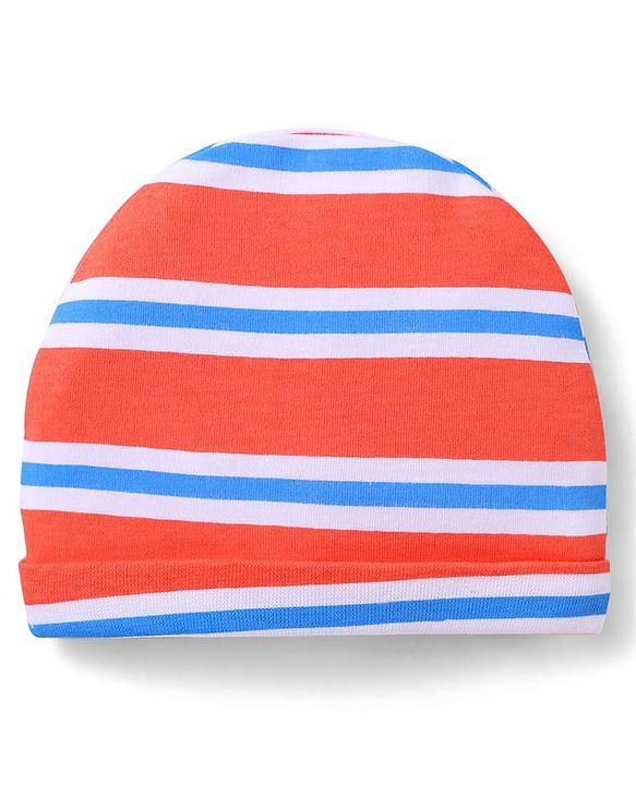 Babyhug 100% Cotton Interlock Knit Caps With Striped & Road Trip Print Pack Of 2 Yellow & Red - Diameter 16 cm