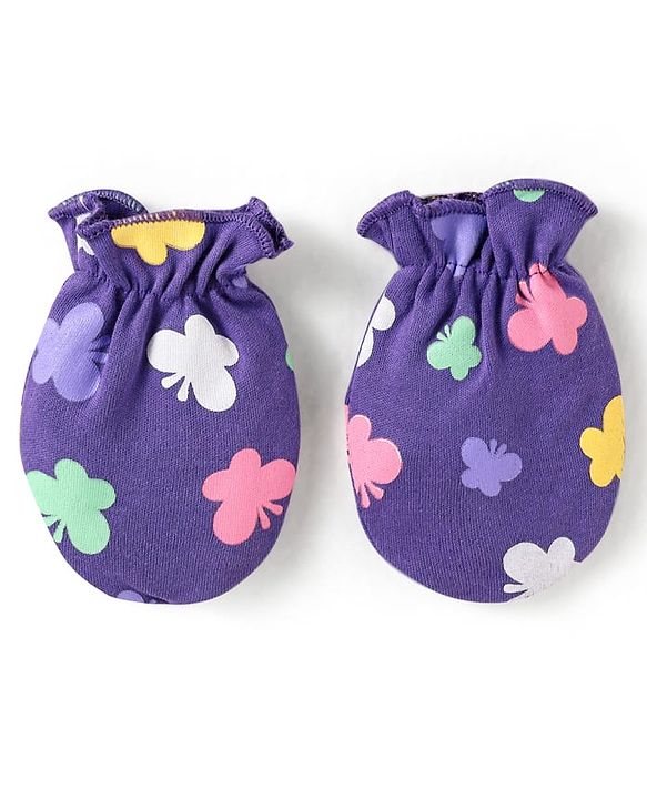 Babyhug 100% Cotton Interlock Knit Mittens & Booties With Butterfly Print - Purple
