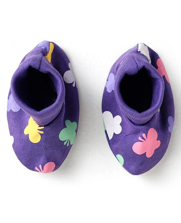Babyhug 100% Cotton Interlock Knit Mittens & Booties With Butterfly Print - Purple