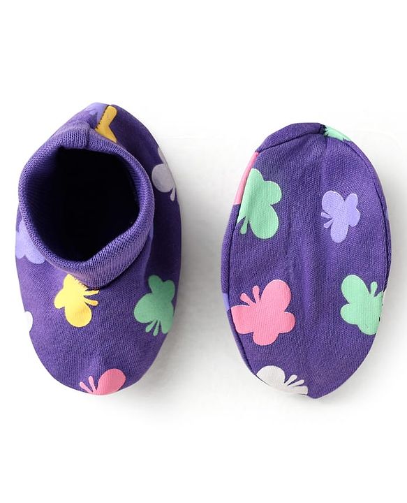 Babyhug 100% Cotton Interlock Knit Mittens & Booties With Butterfly Print - Purple