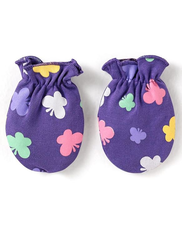 Babyhug 100% Cotton Interlock Knit Mittens & Booties With Butterfly Print - Purple