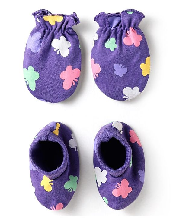Babyhug 100% Cotton Interlock Knit Mittens & Booties With Butterfly Print - Purple
