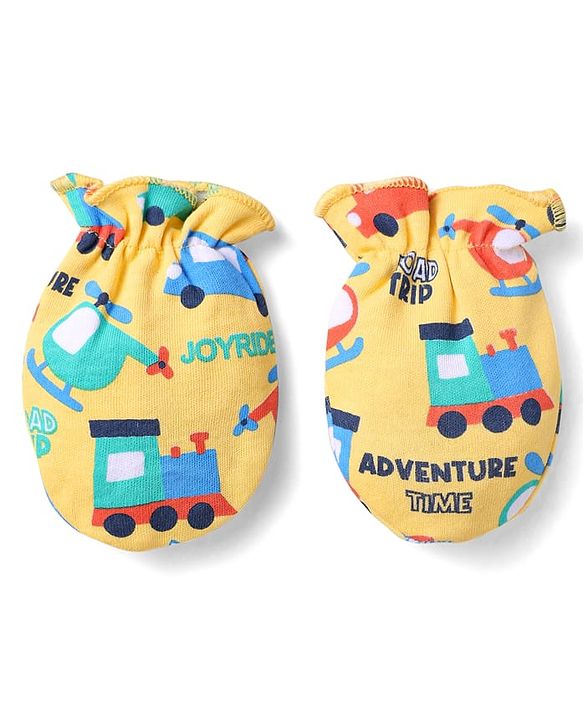 Babyhug 100% Cotton Knit Mittens & Booties Set with Vehicle Print - Yellow