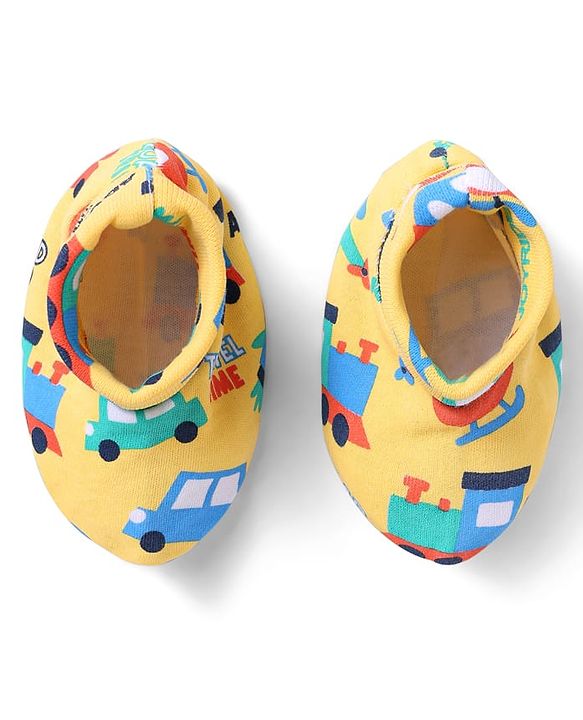 Babyhug 100% Cotton Knit Mittens & Booties Set with Vehicle Print - Yellow