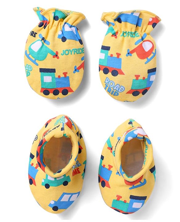 Babyhug 100% Cotton Knit Mittens & Booties Set with Vehicle Print - Yellow