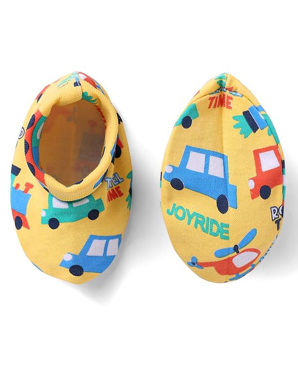 Babyhug 100% Cotton Knit Mittens & Booties Set with Vehicle Print - Yellow
