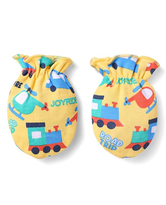 Babyhug 100% Cotton Knit Mittens & Booties Set with Vehicle Print - Yellow
