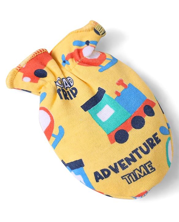 Babyhug 100% Cotton Knit Mittens & Booties Set with Vehicle Print - Yellow