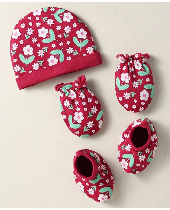 Babyhug 100% Cotton Cap Mittens And Booties Floral Printed Maroon - Diameter 12 cm