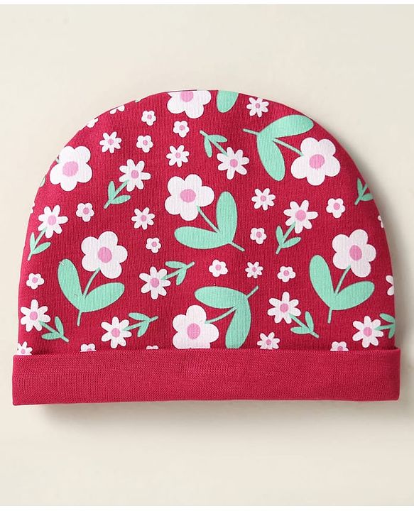 Babyhug 100% Cotton Cap Mittens And Booties Floral Printed Maroon - Diameter 12 cm