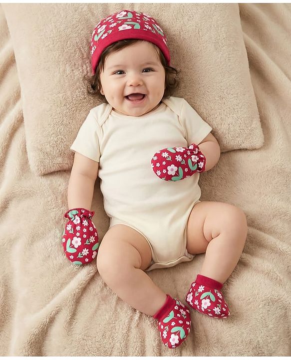 Babyhug 100% Cotton Cap Mittens And Booties Floral Printed Maroon - Diameter 12 cm