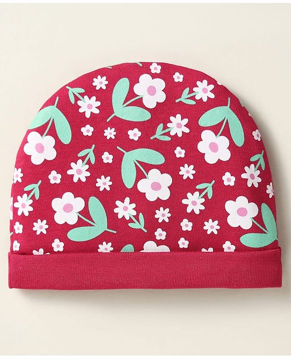 Babyhug 100% Cotton Cap Mittens And Booties Floral Printed Maroon - Diameter 12 cm